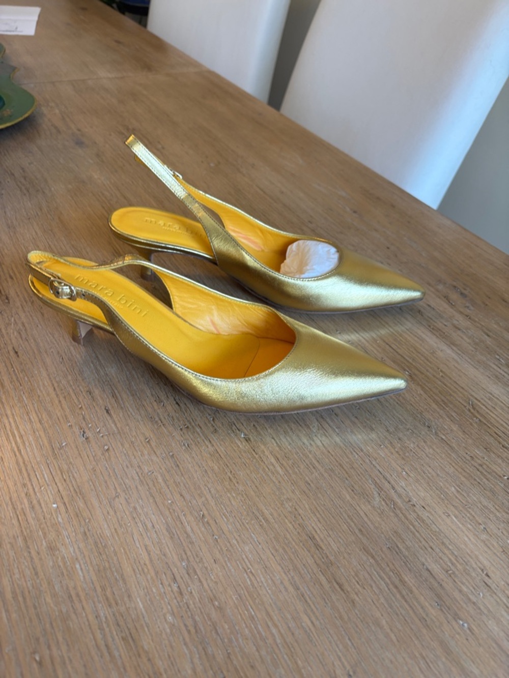 Gold Slingback Pointed-Toe Kitten Heels